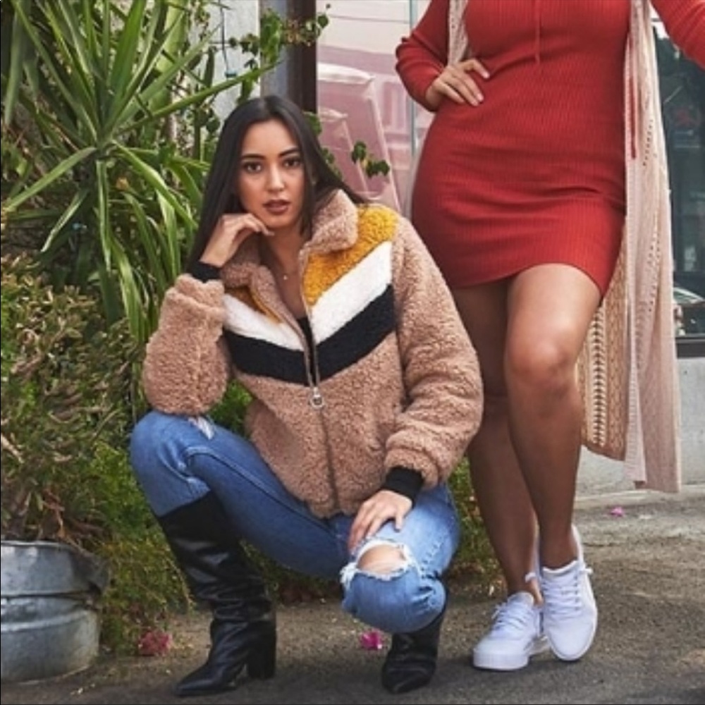 Tan Striped Fleece Coat